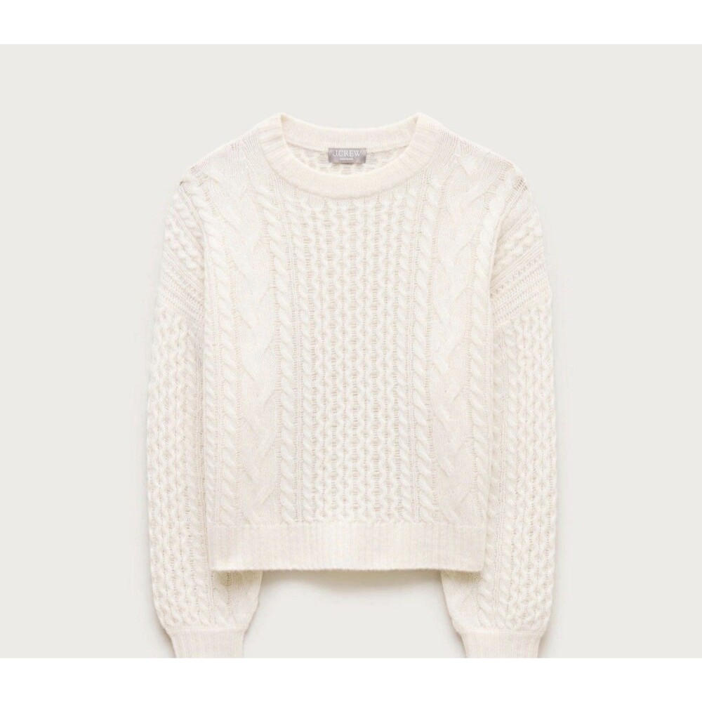 J Crew Cashmere cable-knit blouson-sleeve relaxed fit sweater Snow size L NWT - Picture 4 of 15
